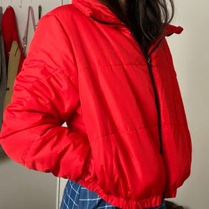 red crop puffer jacket